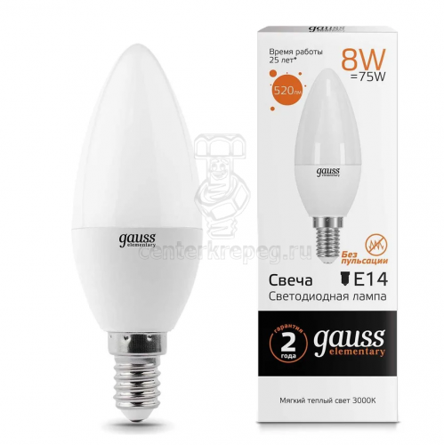 Лампа светодиод. свеча 8Вт 75Вт 3000k Е14 LED Elementary Candle Gauss 33118 LED-C37-8-14-3000-E-G фото в магазине