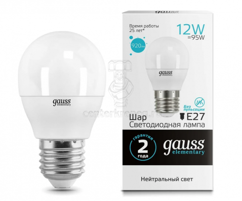 Лампа светодиод. шар 12Вт 95 Вт Е27 4100К LED Elementary Globe Gauss 53222 LED-G45-12-27-4100-E-G фото в магазине